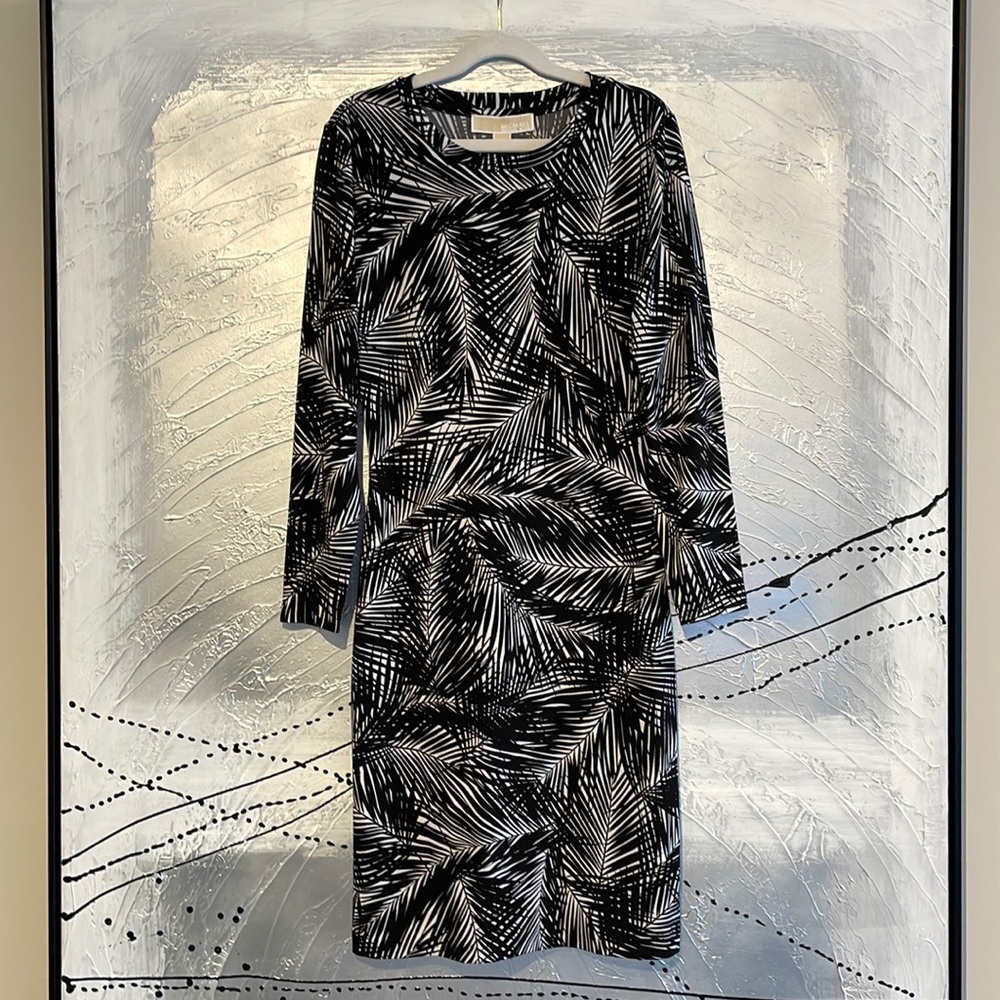 Michael Kors Palm Print Long Sleeve Dress Size XXS Black & White